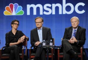 FILE-MSNBC hosts Rachel Maddow, left, Lawrence O'Donnell, center, and Chris Matthews take part in a panel discussion at the NBC Universal summer press tour, Aug. 2, 2011, in Beverly Hills, Calif. (AP Photo/Chris Pizzello, File)